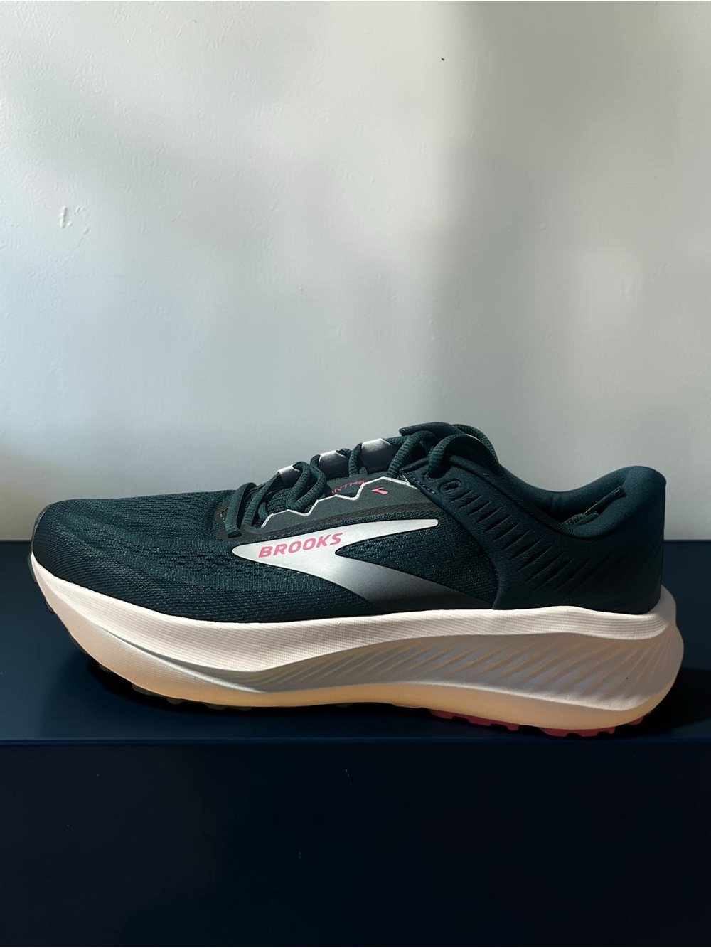 Brooks Teal Running Shoe with Cream Midsole and metallic and pink Logo